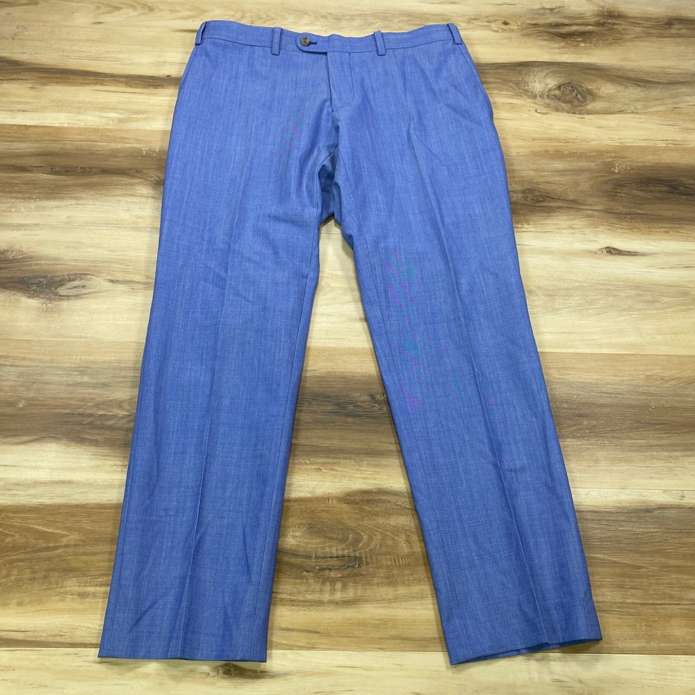 Indochino Dress Pants 33x28.5 Blue Flat Front Slim Straight Wool Trousers